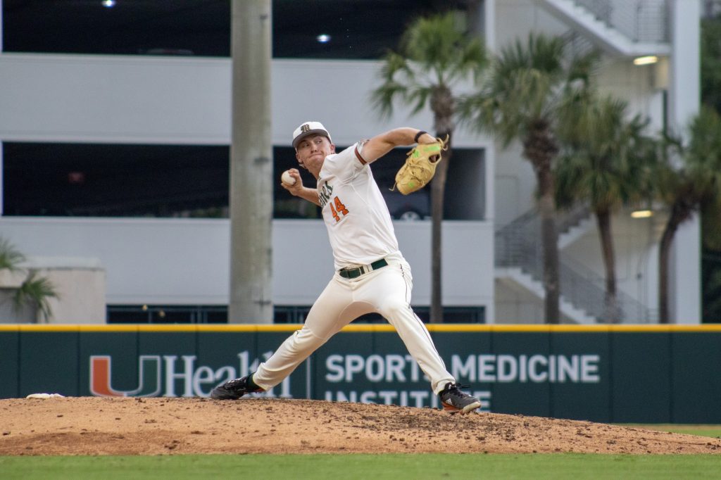 Junior right-handed pitcher Ben Chestnut pitches the ball in attempt to get the Jacksonville University batter out with a full count at Mark Light Field on March 8.