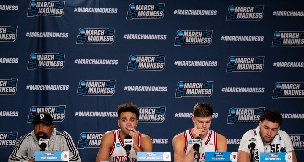 Indiana players and head coach Mike Woodson prepare for questions following their loss to Miami in the Round of 32 on Sunday, March 19 at the MVP Arena.