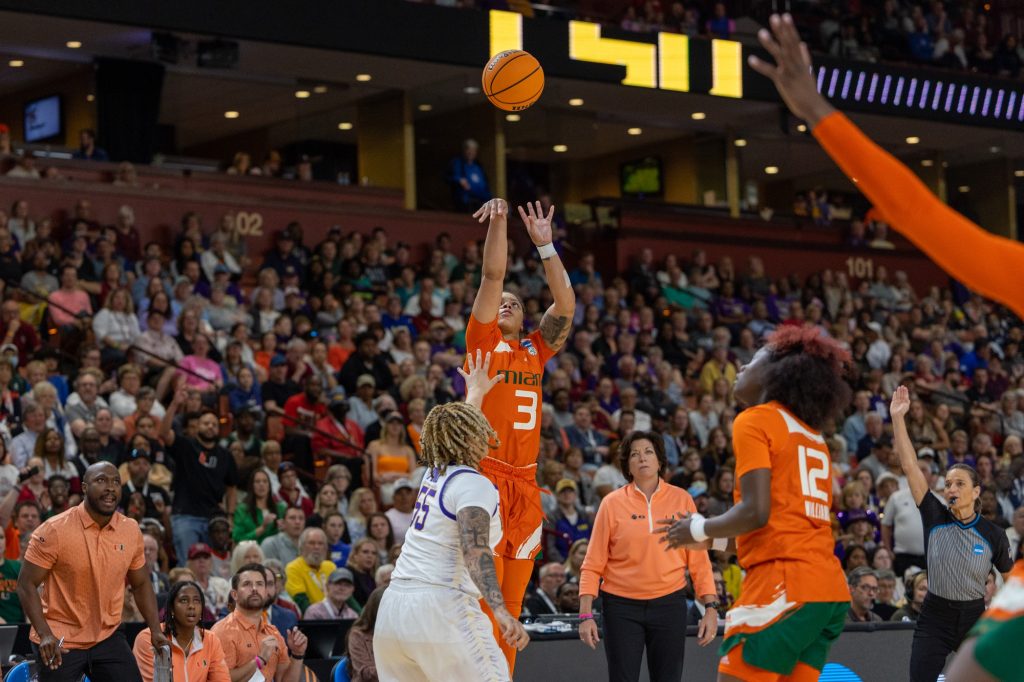 Graduate student Destiny Harden shoots a 3-pointer in the fourth quarter of Miami's game against LSU in the Elite Eight. The Hurricanes lost to the Tigers at the Bon Secours Wellness Arena on March 26.