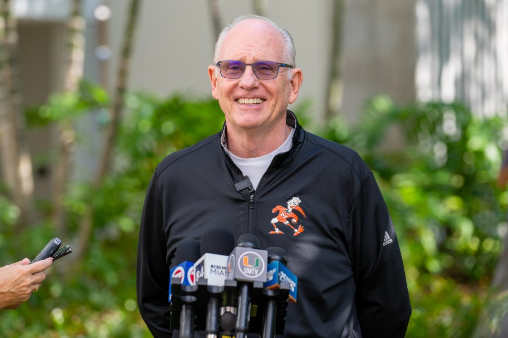 Head coach Jim Larrañaga speaks to the media outside of the Watsco Center before Miami’s departure to the Final Four in Houston on March 29, 2023