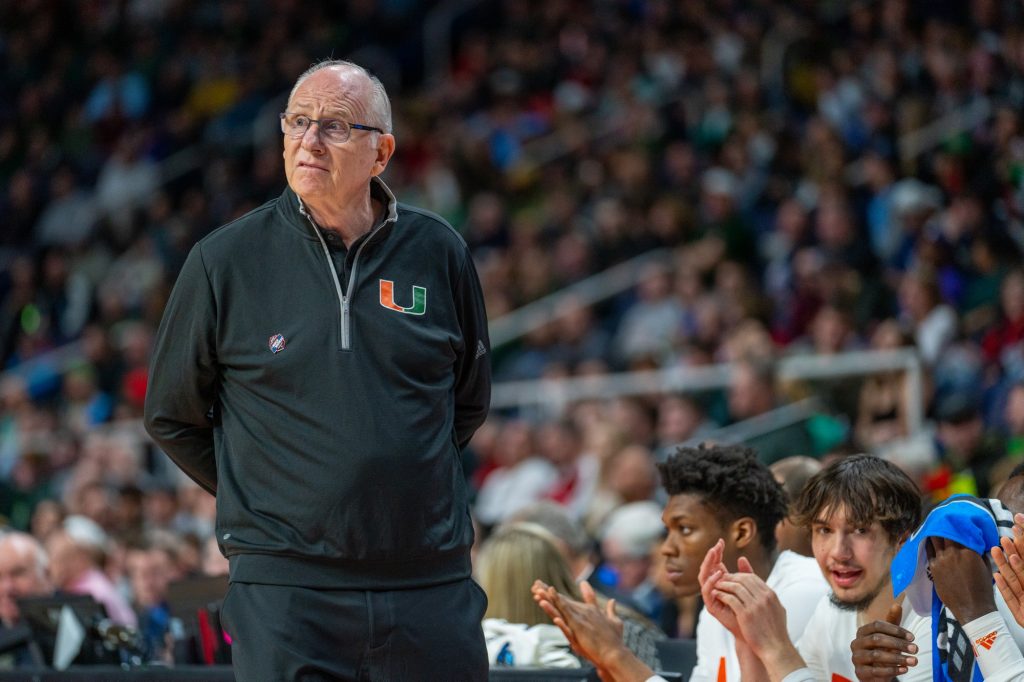 Head coach Jim Larrañaga reacts during the second half of Miami’s Round of 64 matchup against Drake University in MVP Arena in Albany, N.Y. on March 17, 2023.