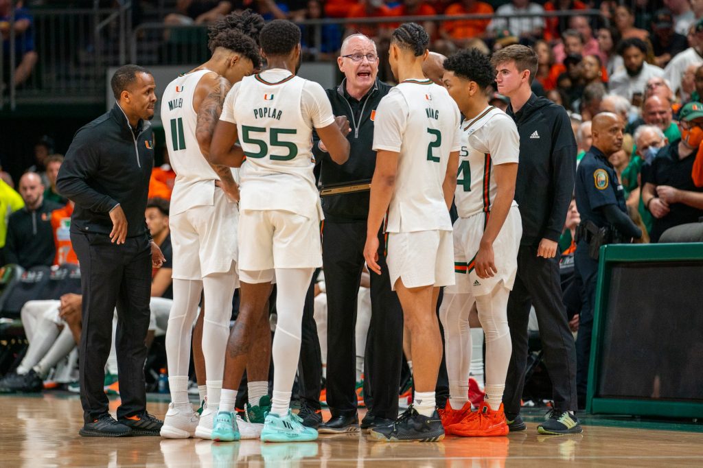 Head coach Jim Larrañaga speaks to his team during a timeout in the second half of Miami’s game versus the University of Pittsburgh in the Watsco Center on March 4, 2023.