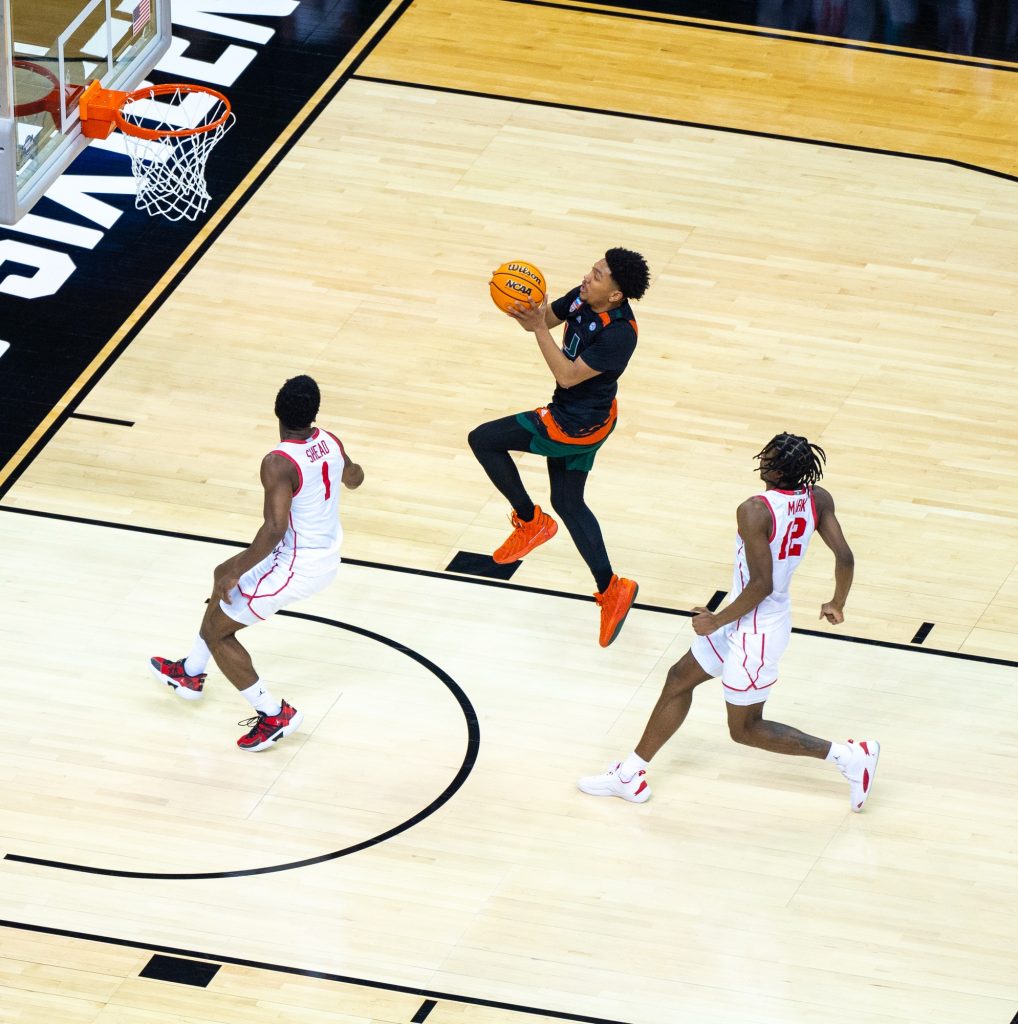 Third-year sophomore gaurd Nijel Pack jumps for a layup during the first half of Miami's Sweet 16 matchup against the Unviersity of Houston on Friday, March 24 at the T-Mobile Arena.