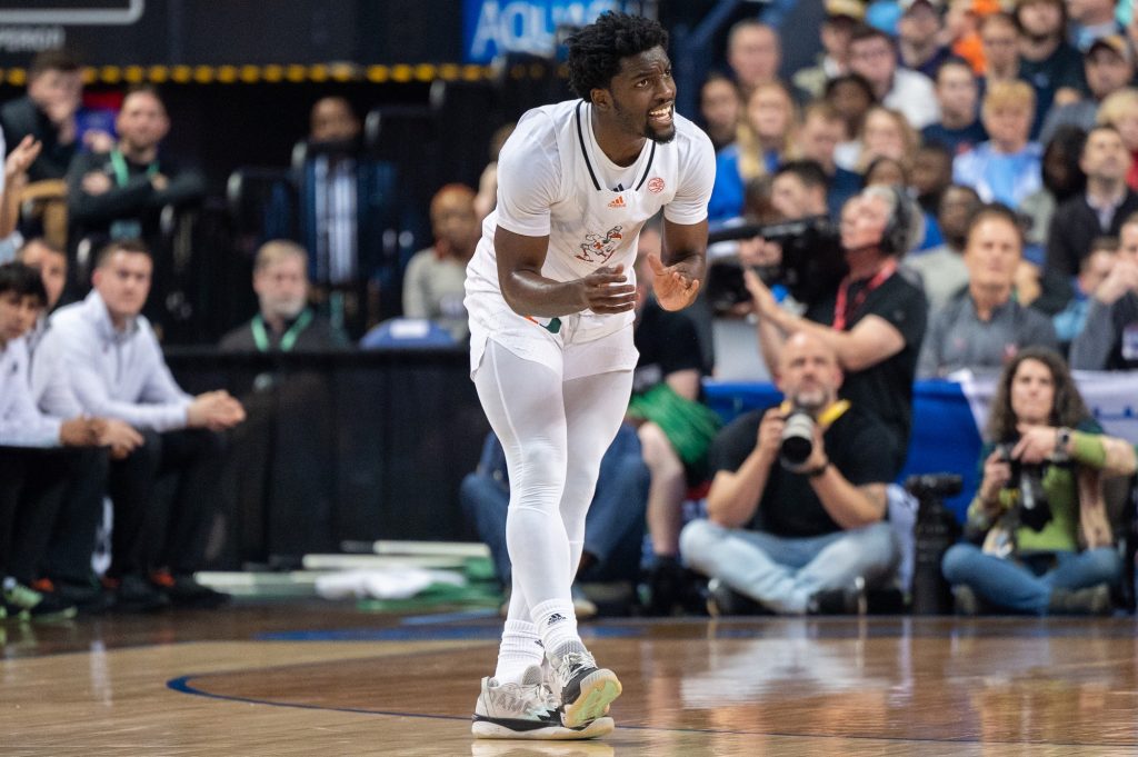Sophomore guard Bensley Joseph hypes up his teammates during the first half of Miami's semifinal game of the ACC tournament against Duke University on Friday, March 10 at the Greensboro Coliseum Complex.