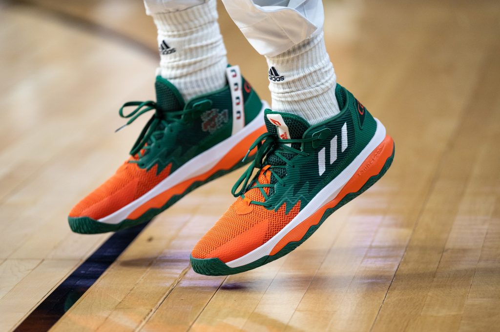 Miami players wear new Ultraboosts gifted by Adidas for the post-season prior to Miami's opening game of the NCAA Tournament on Friday, March 17 at the MVP Arena.