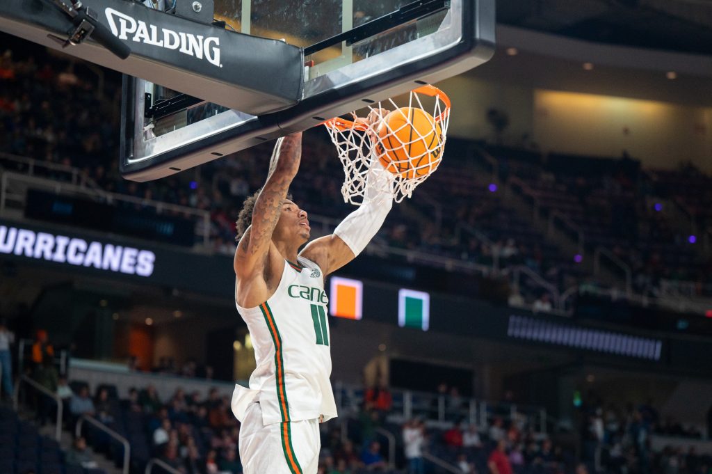 Fifth-year senior Jordan Miller dunks the ball during warm-ups prior to Miami's matchup against Drake University in the first round of the NCAA Tournamnet on Friday, March 17 at the MVP Arena.