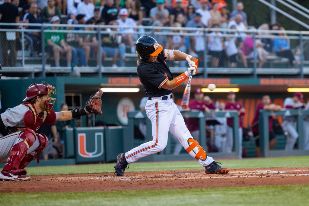 Freshman Blake Cyr hits in the second inning of Miami’s game against FSU on Friday, Mar. 31 at the Mark Light Field.