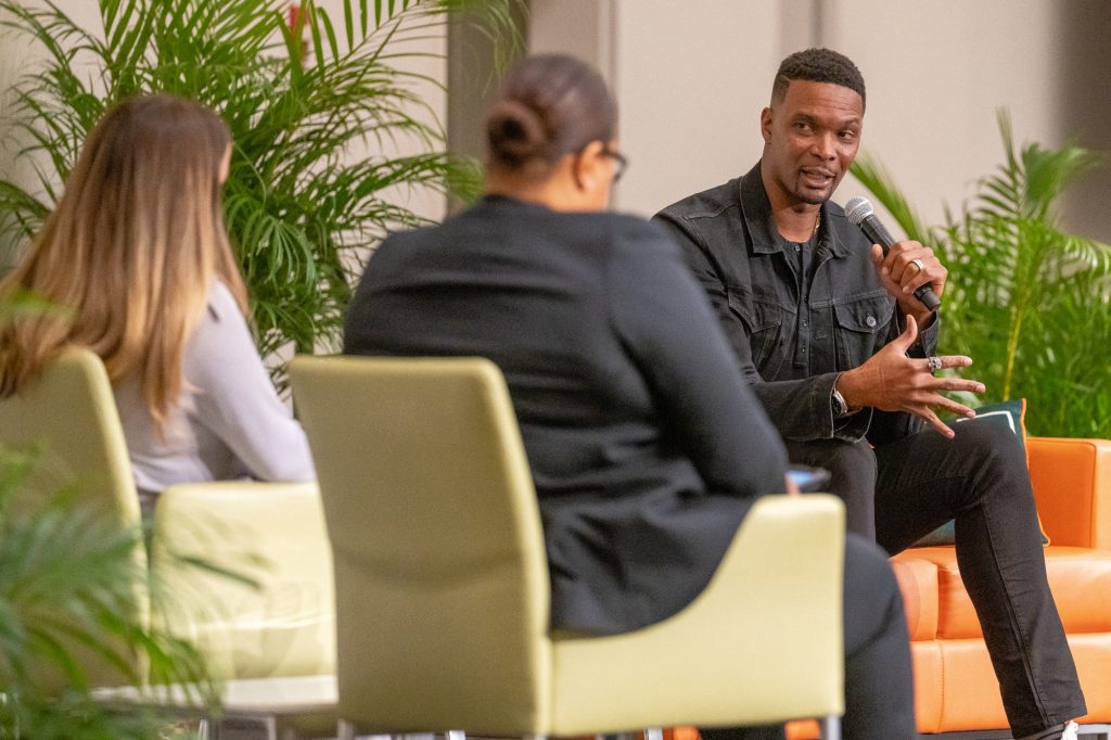 NBA legend Chris Bosh speaks during the Spring 2023 What Matters to U event in the Shalala Student Center on April 13, 2023.