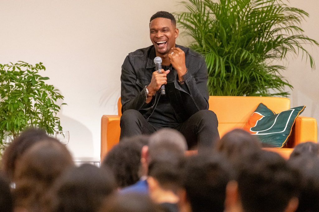 NBA and Miami Heat legend Chris Bosh speaks during the Spring 2023 What Matters to U event in the Shalala Student Center on April 13, 2023.