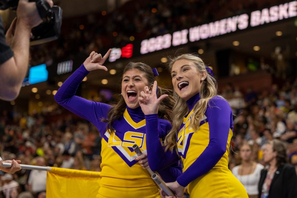 The LSU cheer squad posed for the camera before the ‘Canes and Lady Tigers faced off in Miami’s first ever Elite Eight matchup in the Bon Secours Arena on Sunday, March 26.