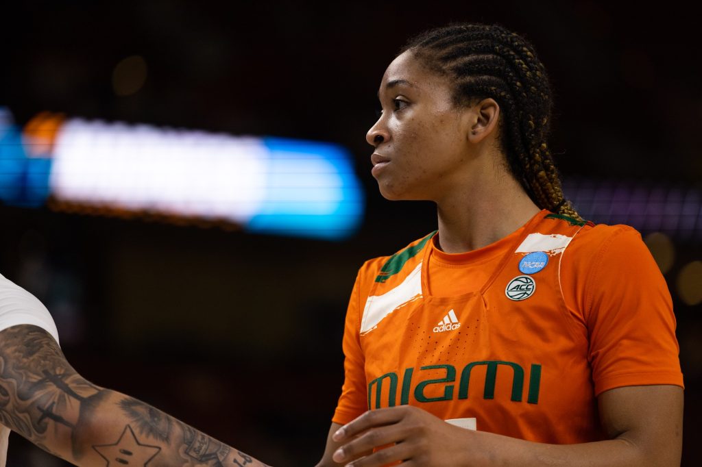 Sophomore guard Jasmyne Roberts calculates her next move in the third quarter of Miami’s Elite Eight matchup against LSU in the Bon Secours Arena on Sunday, March 26.