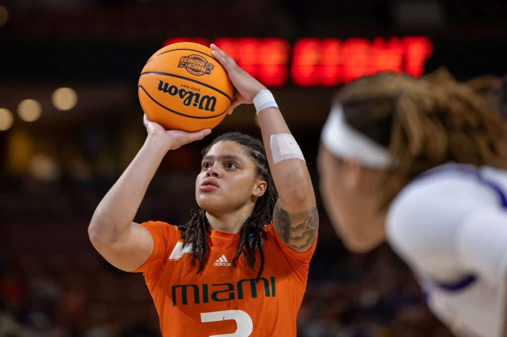 Graduate student forward Destiny Harden shoots a free-throw during the fourth quarter of Miami’s Elite Eight matchup against LSU in the Bon Secours Arena on Sunday, March 26.