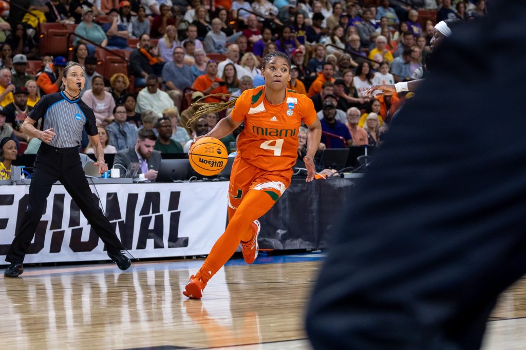 Sophomore guard Jasmyne Roberts drives the ball down the court in the first quarter of Miami’s game against LSU in their Elite Eight match-up in the Bon Secours Arena on Sunday, Mar. 26