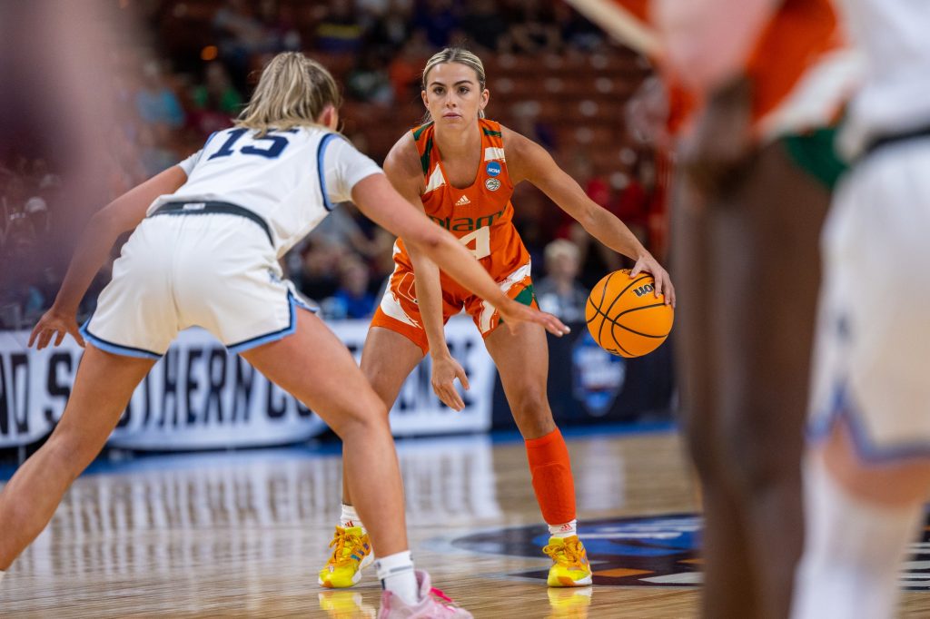 Senior guard Haley Cavinder dribbles the ball during the third quarter of Miami's matchup against Villanova in the Bon Secours Wellness Arena in Greenville, S.C.