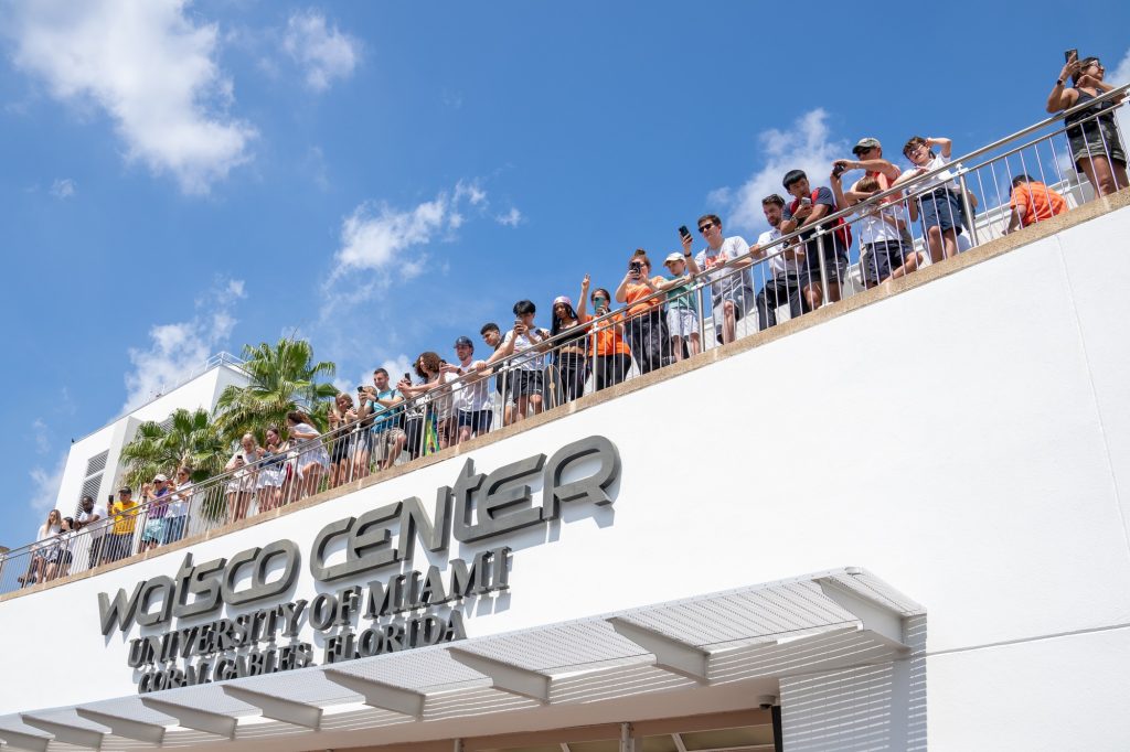 Fans cheer from the top of the Watsco Center during the Miami Final Four Sendoff on March 29, 2023.