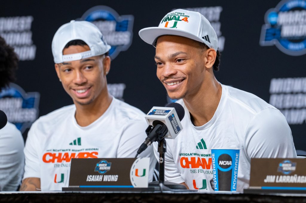 Fourth-year junior guard Isaiah Wong smiles while answering a question after Miami’s 88-81 win over the University of Texas in the T-Mobile Center in Kansas City, MO on March 26, 2023.