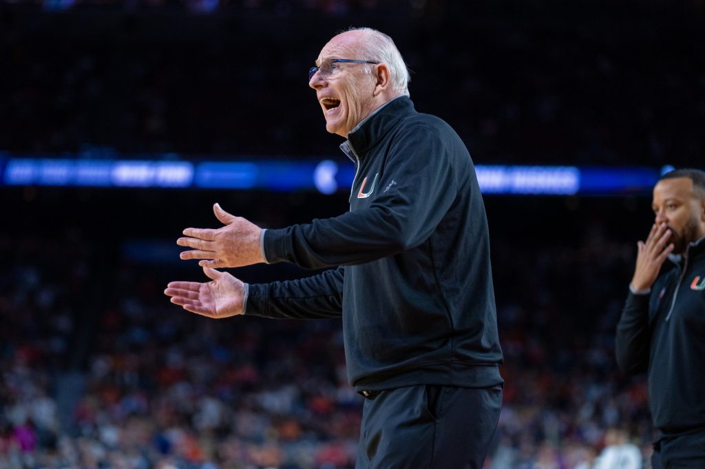 Head coach Jim Larrañaga shouts during the second half of Miami’s Final Four matchup against the University of Connecticut in NRG Stadium in Houston on April 1, 2023.