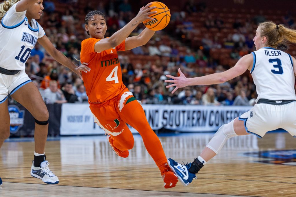 Sophomore guard Jasmyne Roberts ducks Villanova in the second quarter of Miami's matchup against the Wildcats on Friday, March 24 in the Bon Secours Wellness Arena in Greenville, S.C.
