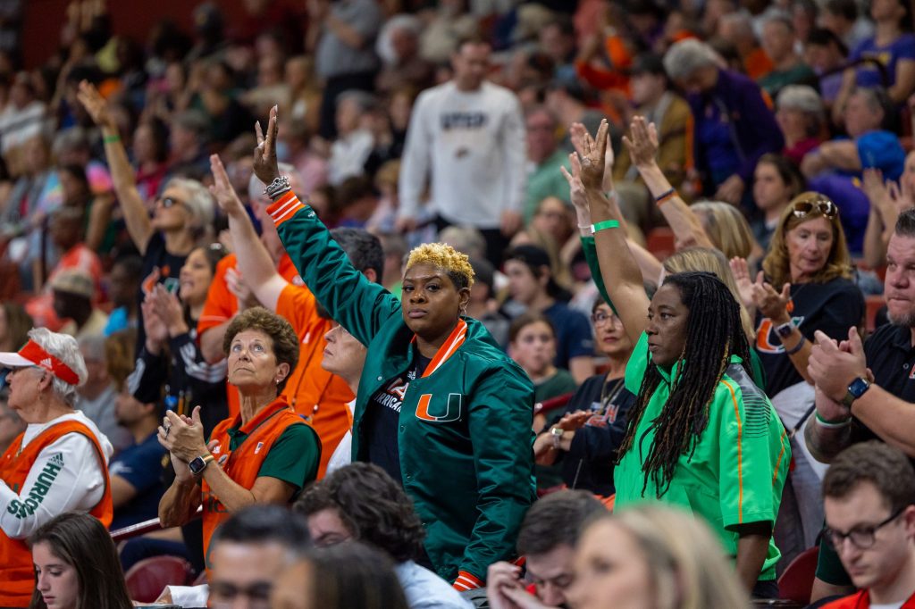Miami fans cheer on the 'Canes in the Bon Secours Arena for Miami’s Sweet Sixteen Matchup against Villanova on Friday, Mar. 24.