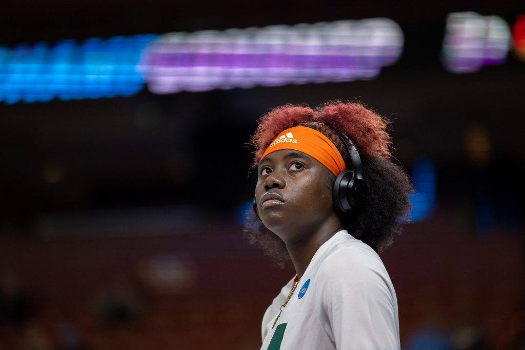Sophomore guard Ja’Leah Williams gets in the zone before Miami's game against Villanova in their second-ever Sweet Sixteen appearance at the Bon Secours Arena on Friday, Mar. 24.
