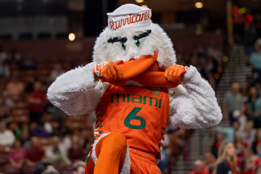 Sebastian the Ibis poses for a photo during the first half of Miami's Sweet Sixteen win over the Villanova Wildcats on Friday, March 24 at the Bon Secours Wellness Arena.