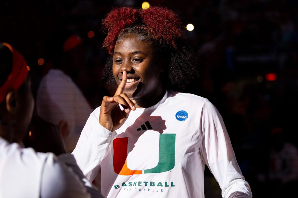 Sophomore guard Ja’Leah Williams is introduced at the Bon Secours Arena to start Miami’s Sweet Sixteen matchup against Villanova on Friday, Mar. 24.