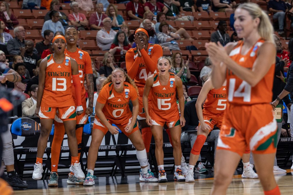 The 'Canes celebrate taking the lead over Villanova in the final seconds of Miami's Sweet Sixteen game in the Bon Secours arena on Friday, Mar. 24.