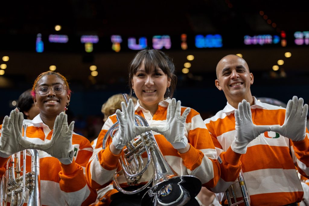 University of Miami’s Frost Band of the Hour throws up "The U" as Miami Women’s Basketball plays in their second-ever Sweet Sixteen Appearance. The ‘Canes defeated the Wildcats in the Bon Secours Arena on Friday, Mar. 24.