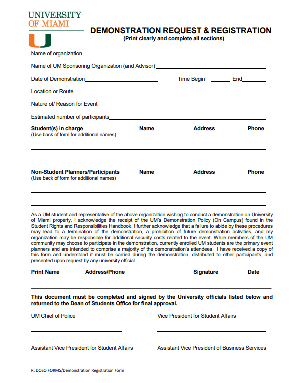 The Demonstration Request form required of students who wish to protest on campus. Dean Holmes shared in a previous TMH article that he had never refused a demonstration due to its content.