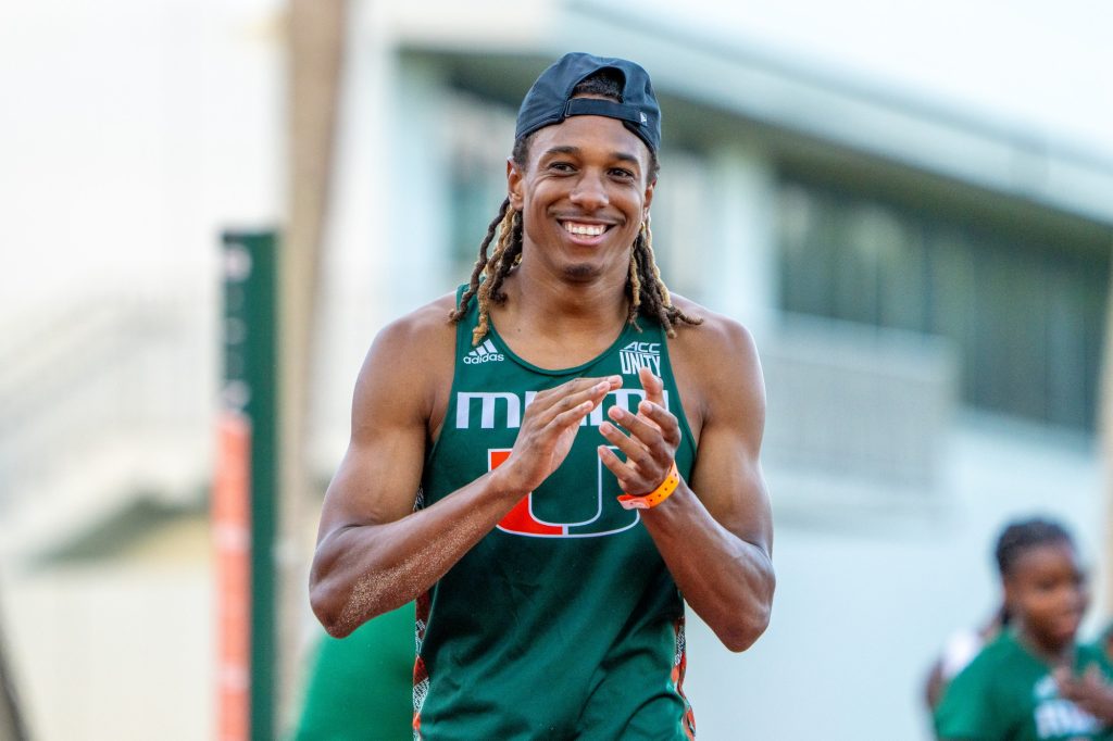 Junior Russell Robinson smiles after his nation-leading triple jump of 16.73 meters at the The Miami Alumni Invitational Meet at Cobb Stadium on April 8, 2023.