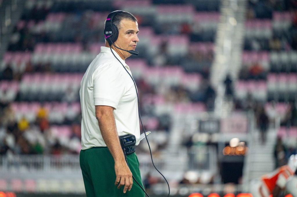 Head coach Mario Cristobal looks back at the team bench during Miami's Spring Game on Friday April 14 at the DRV PNK Stadium.