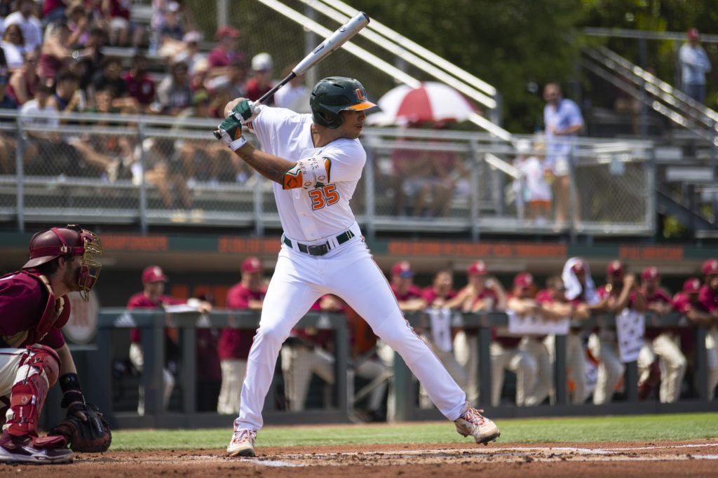 Miami infielder Yohandy Morales swings his bat during the Hurricanes' 13-4 win against Florida State on April 2 at Mark Light Field.