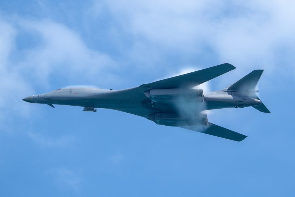 A B1 Lancer Bomber performs a high-speed pass at the Hyundai Air and Sea Show at Miami Beach on May 27, 2023. The B1 is a part of the 9th Bomb Squadron, crewed by members of the 345th Bomb Squadron/498th Bomb Group.