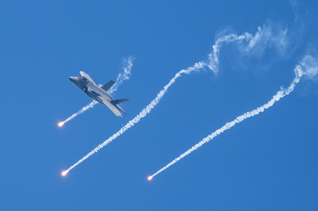 The F-35A Demonstration Team drops flares at the Hyundai Air and Sea Show at Miami Beach on May 28, 2023.