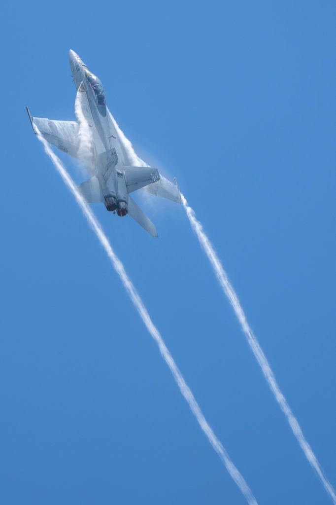 The U.S. Navy Rhino Demonstration team pulls G’s in a F/A-18F Super Hornet at the Hyundai Air and Sea Show at Miami Beach on May 27, 2023.