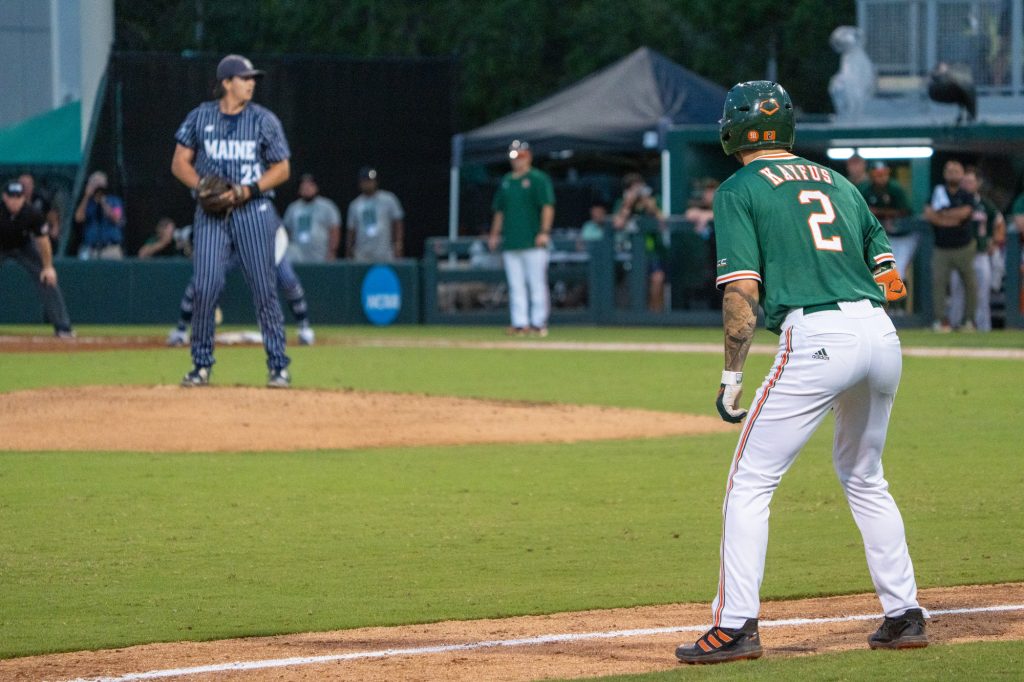 Junior infielder CJ Kayfus leads off of third in the bottom of the second inning of Miami’s Coral Gables Regional game versus the University of Maine at Mark Light Field on June 2, 2023.