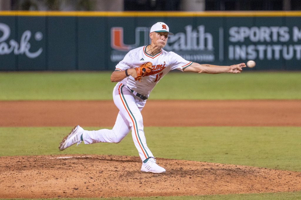 Sophomore left-handed pitcher Rafe Schlesinger pitches at the top of the fifth inning of Miami’s Coral Gables Regional game versus the University of Texas at Mark Light Field on June 3, 2023.