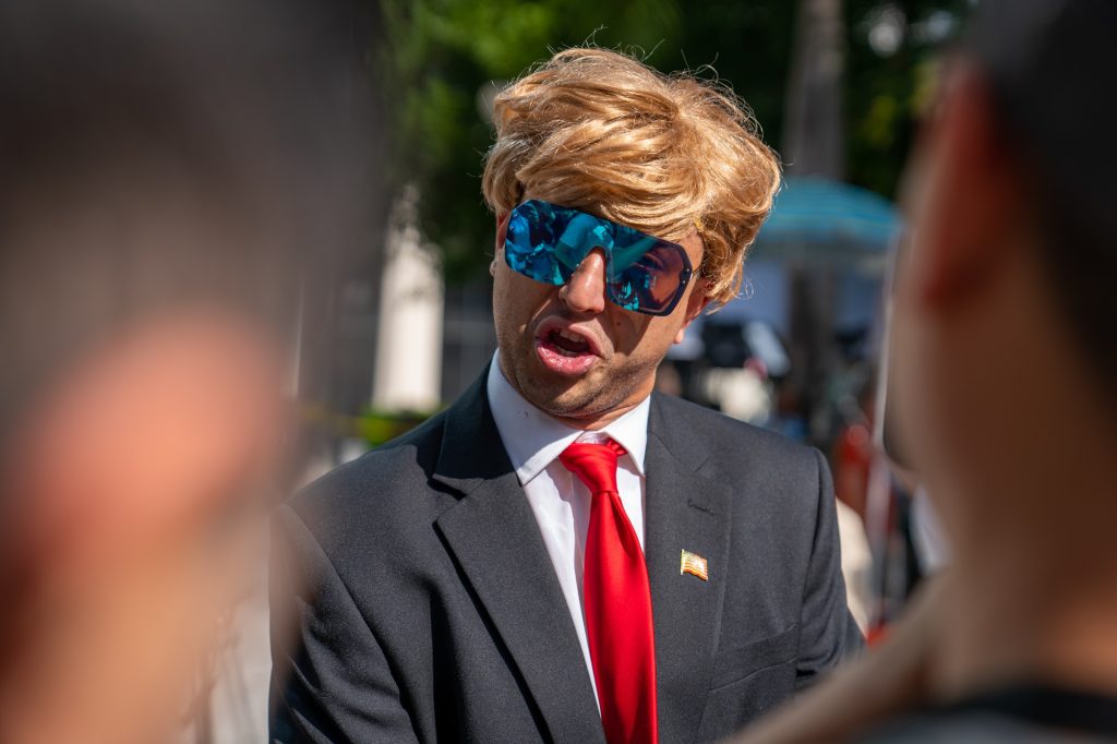 Comedian Jason Scoop impersonates former President Trump outside of the Wilkie D. Ferguson Jr. United States Courthouse on June 13, 2023.