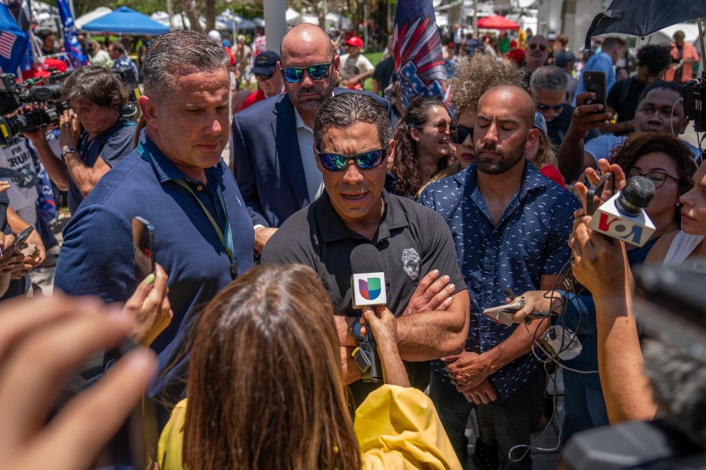 City of Miami Mayor Francis Suarez speaks to the media outside of the Wilkie D. Ferguson Jr. United States Courthouse during former President Trump’s indictment on June 13, 2023. Mayor Suarez has since launched his candidacy, seeking the Republican nomination for president.
