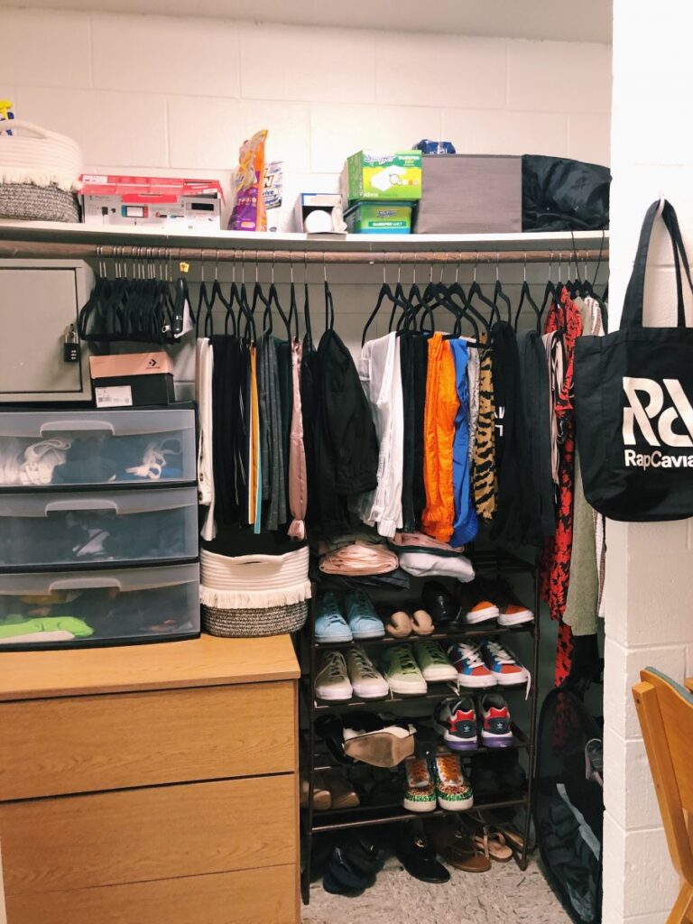 This Stanford dorm utilized shoe racks, shelf storage, and multi-tier organizers to make the most of open closet space.
