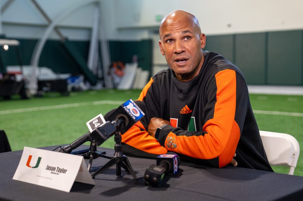 Defensive Line Coach Jason Taylor is interviewed during Media Day in the Carol Soffer Indoor Practice Facility on July 31, 2023.