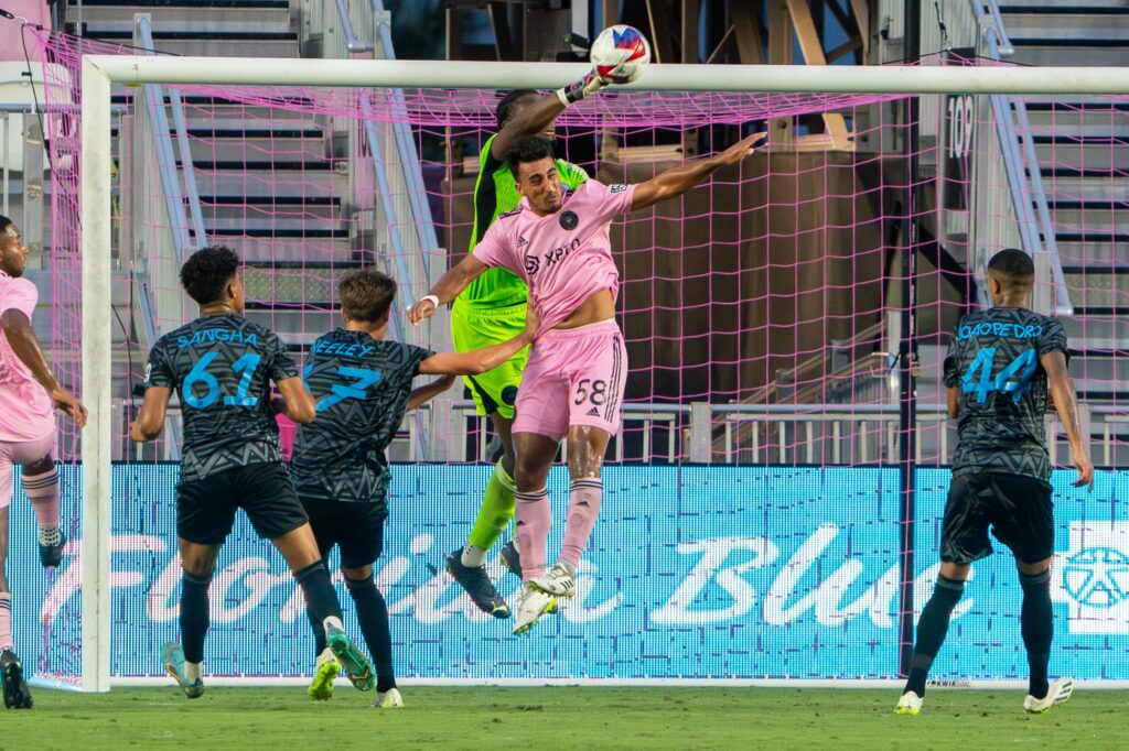 Crown Legacy FC goalkeeper Chituru Odunze makes a save in the final minutes of Inter Miami CF II’s match versus Crown Legacy FC at DRV PNK Stadium on Aug. 19, 2023.