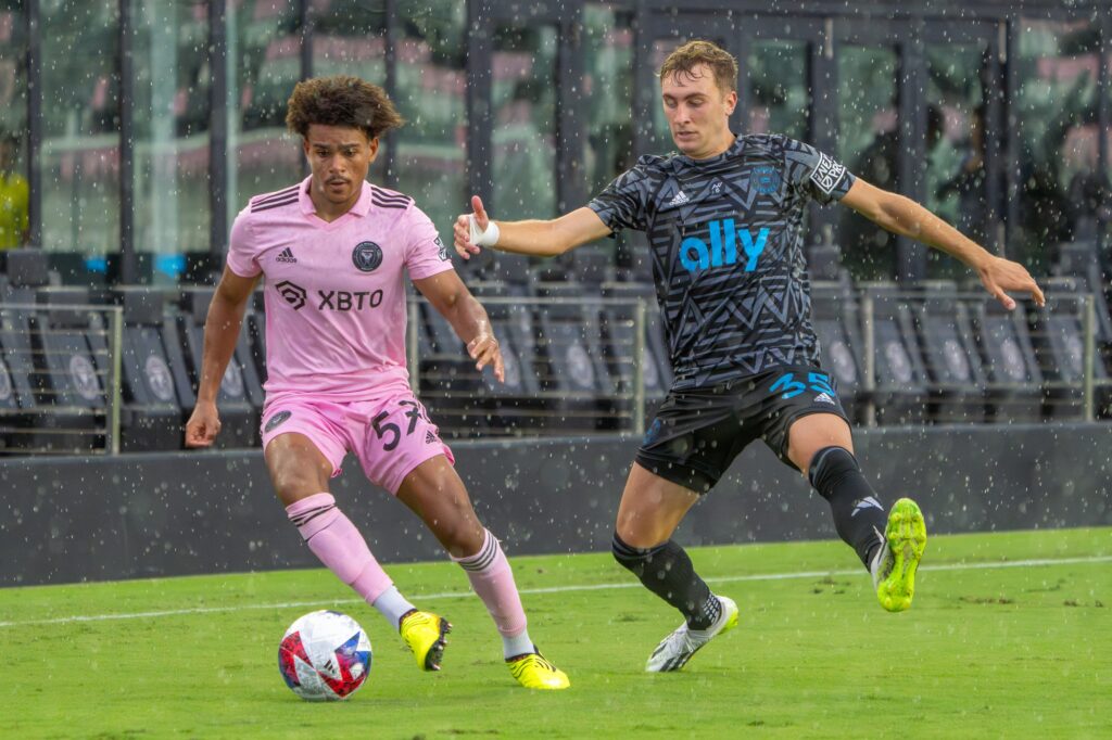 Miles Perkovich dribbles past an opponent during the second half of Inter Miami CF II’s match versus Crown Legacy FC at DRV PNK Stadium on Aug. 19, 2023.