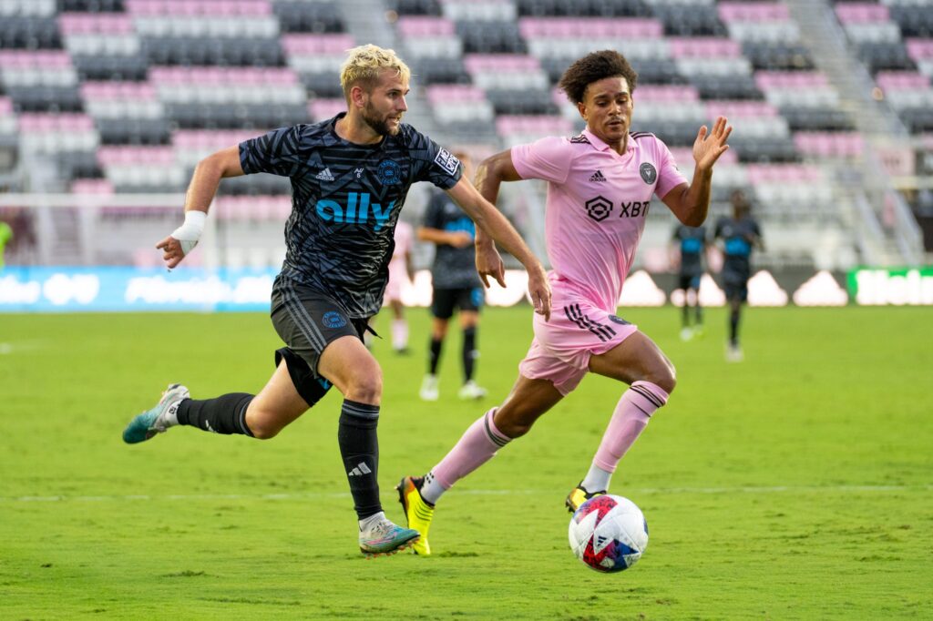 Miles Perkovich races for the ball during the second half of Inter Miami CF II’s match versus Crown Legacy FC at DRV PNK Stadium on Aug. 19, 2023.