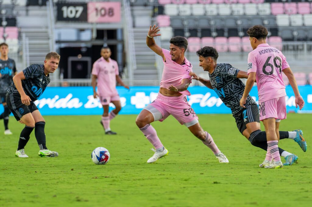 Farid Sar-Sar fights for possession during the second half of Inter Miami CF II’s match versus Crown Legacy FC at DRV PNK Stadium on Aug. 19, 2023.