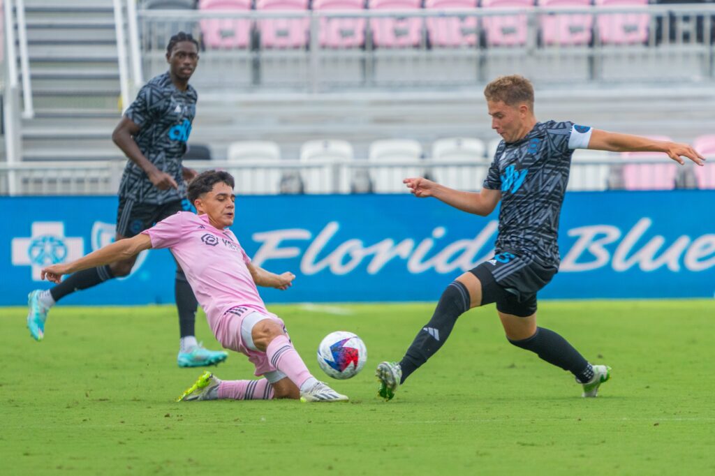 Defender Ricardo Montenegro extends for the ball during the first half of Inter Miami CF II’s match versus Crown Legacy FC at DRV PNK Stadium on Aug. 19, 2023.