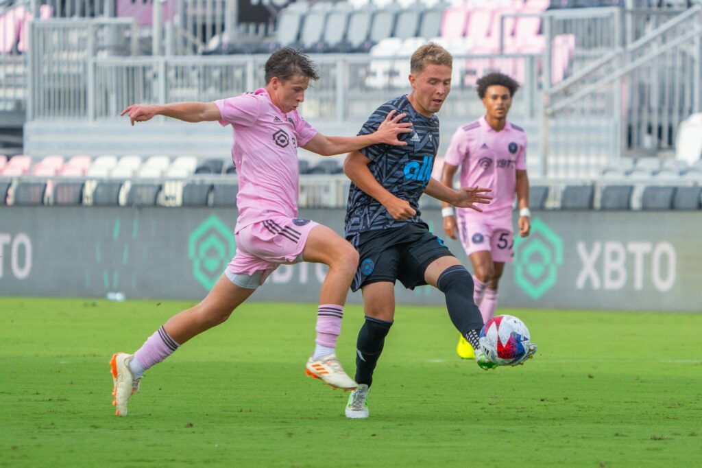Jack Pymm attacks the ball during the first half of Inter Miami CF II’s match versus Crown Legacy FC at DRV PNK Stadium on Aug. 19, 2023.
