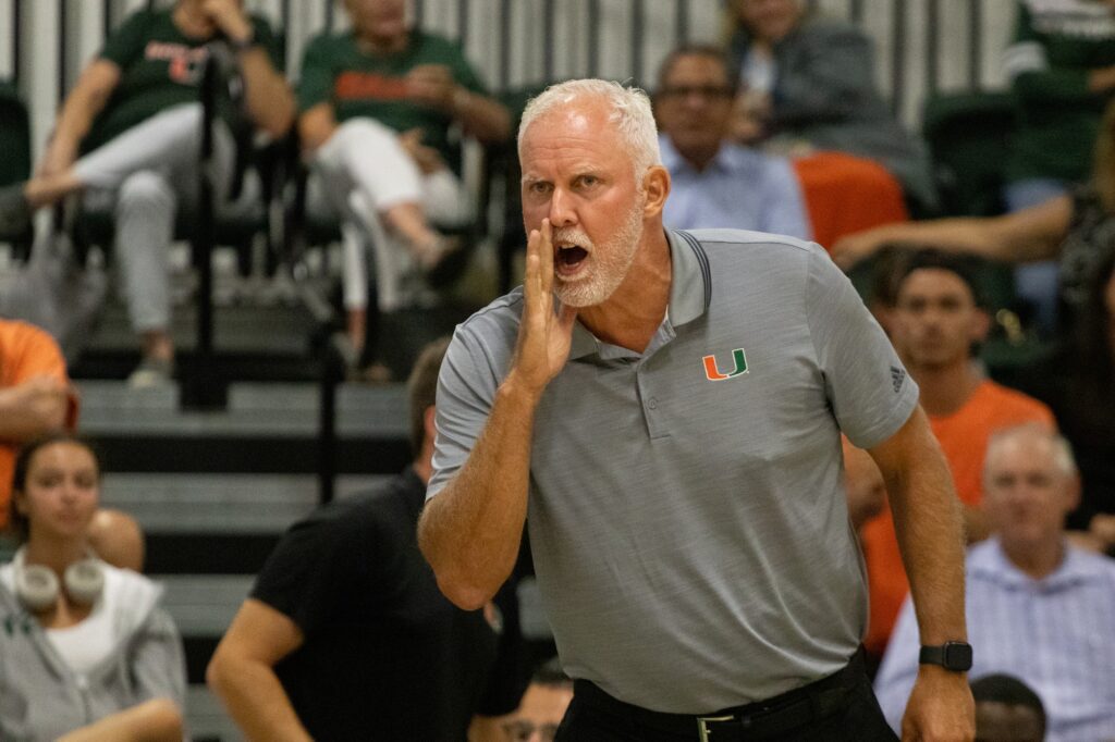 Head coach Jose "Keno" Gandara shouts instructions to his team during Miami&squot;s match versus Florida Atlantic University in the Knight Sports Complex on Aug. 28, 2023.