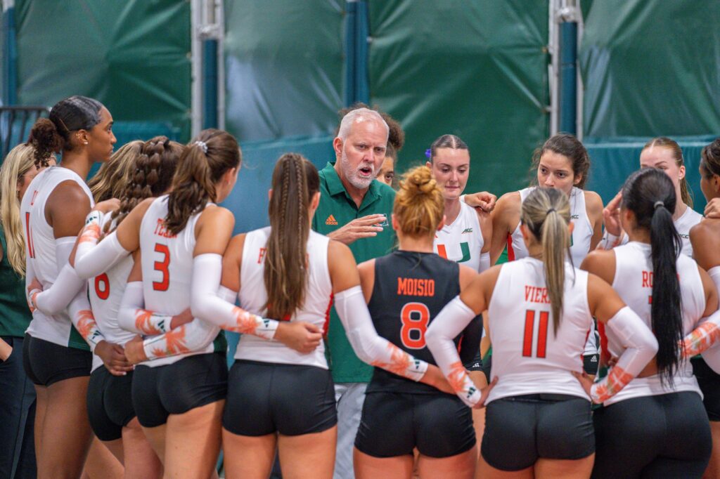 Head coach Jose “Keno” Gandara speaks to his team before their match versus Florida International University in the Knight Sports Complex on Aug. 26, 2023.