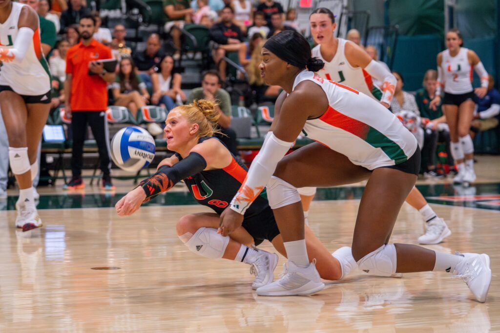 Sophomore libero Milana Moisio dives for the ball during the first set of Miami’s match versus Florida International University in the Knight Sports Complex on Aug. 26, 2023.